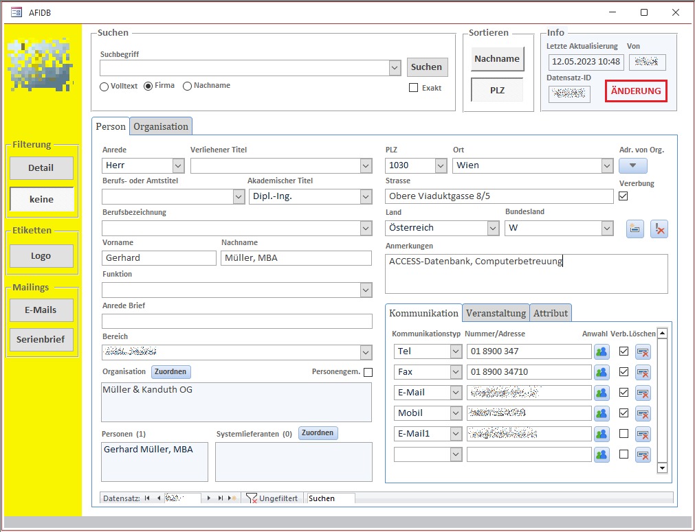 Screenshot einer Kundendatenbank realisiert mit MS-Access